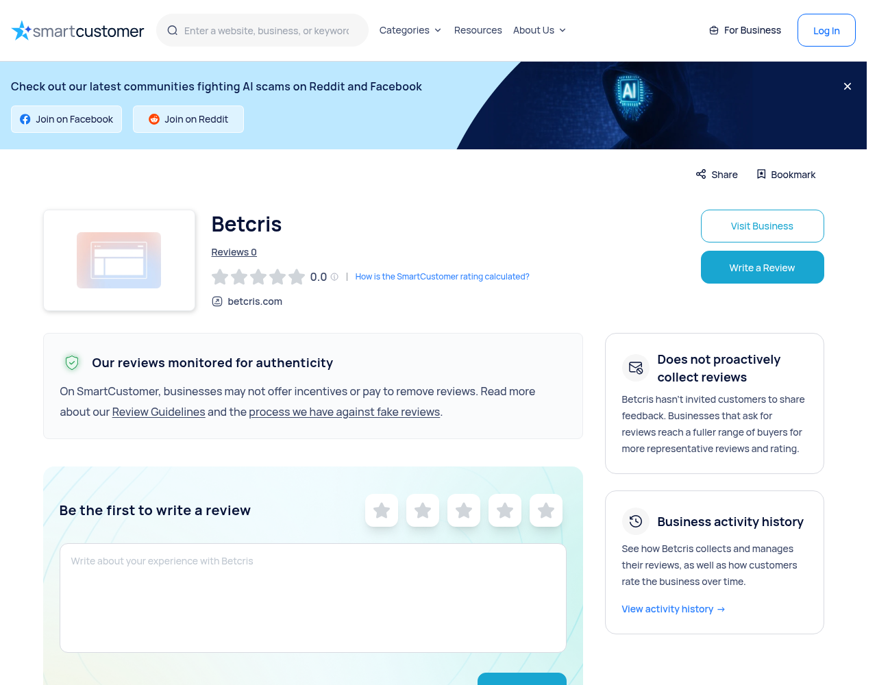 Captura suministrada de un perfil de reseñas asociado a betcris.com