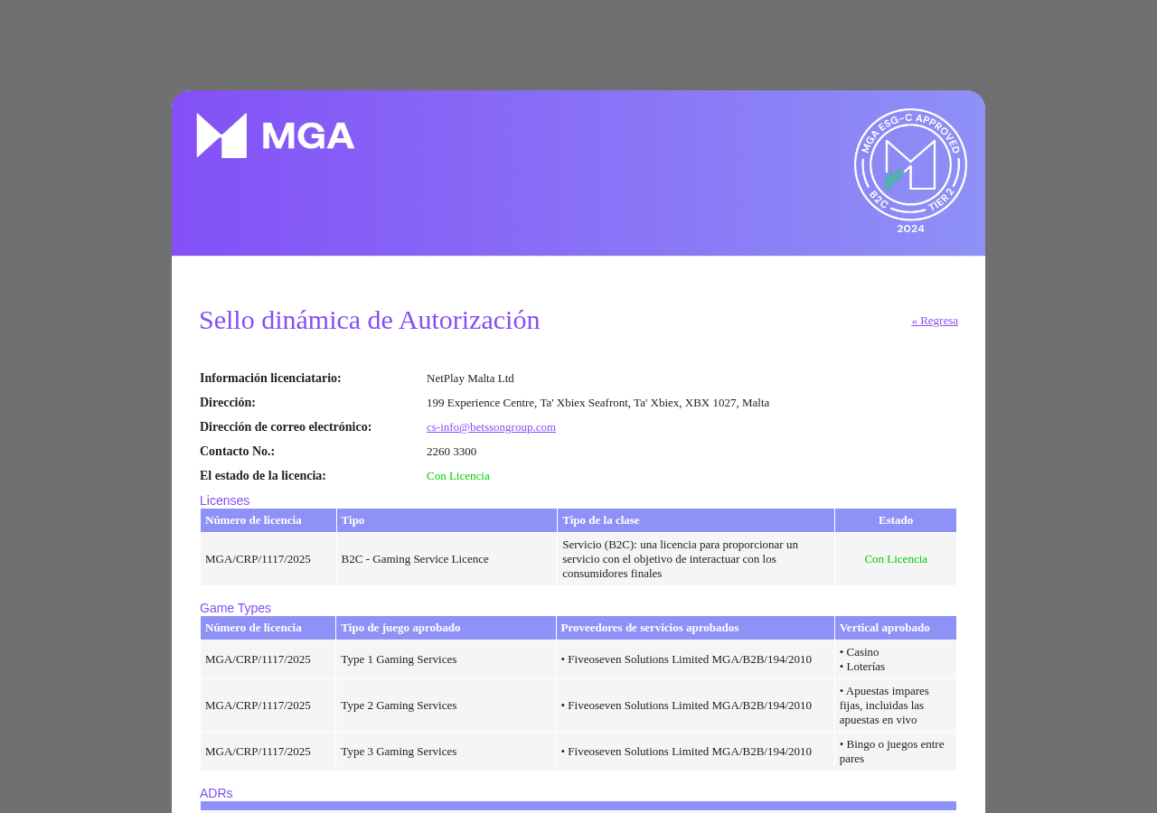 Captura fechada de Malta Gaming Authority para el expediente de Betsson