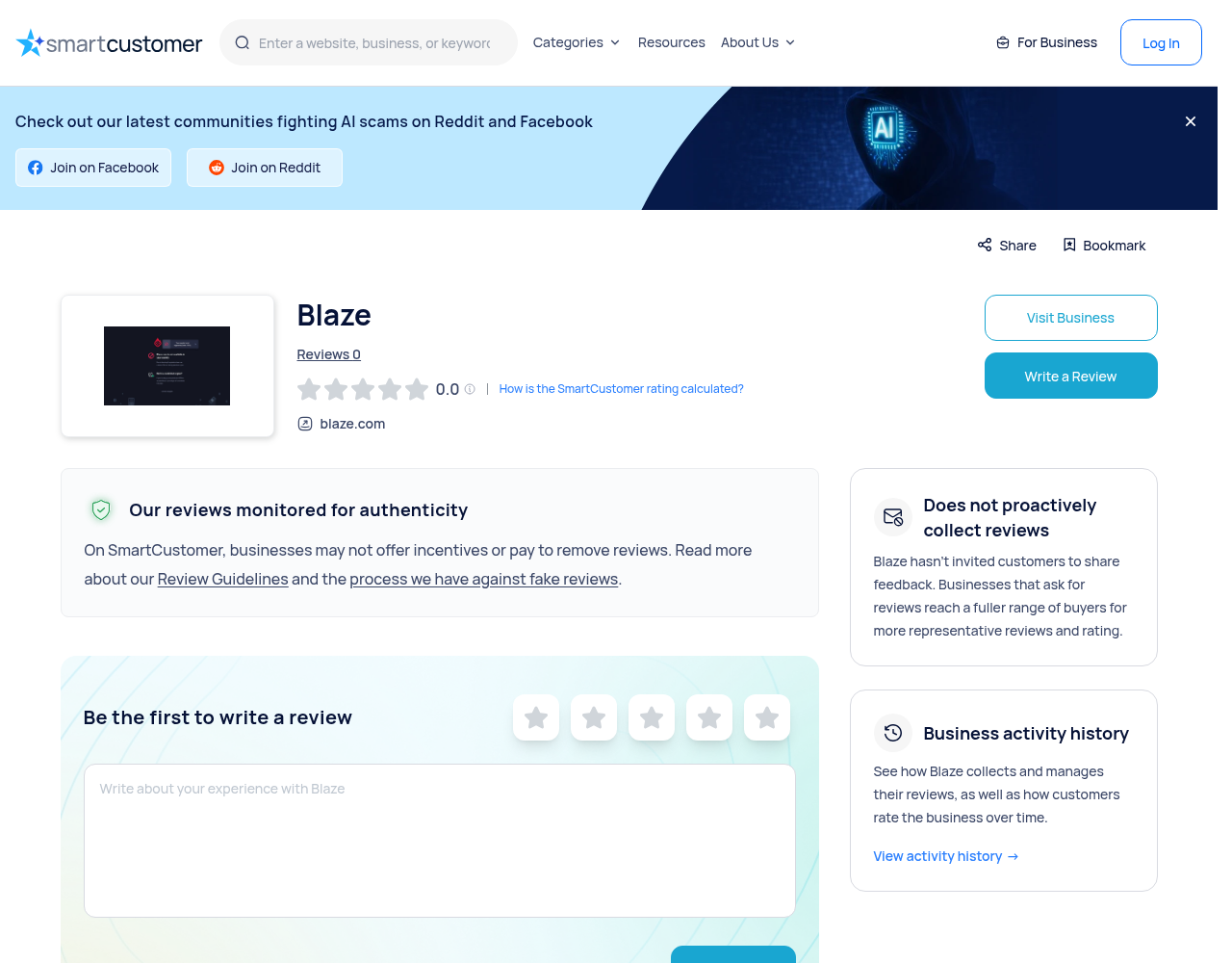 Captura contextual de reseñas de usuarios asociadas con blaze.com
