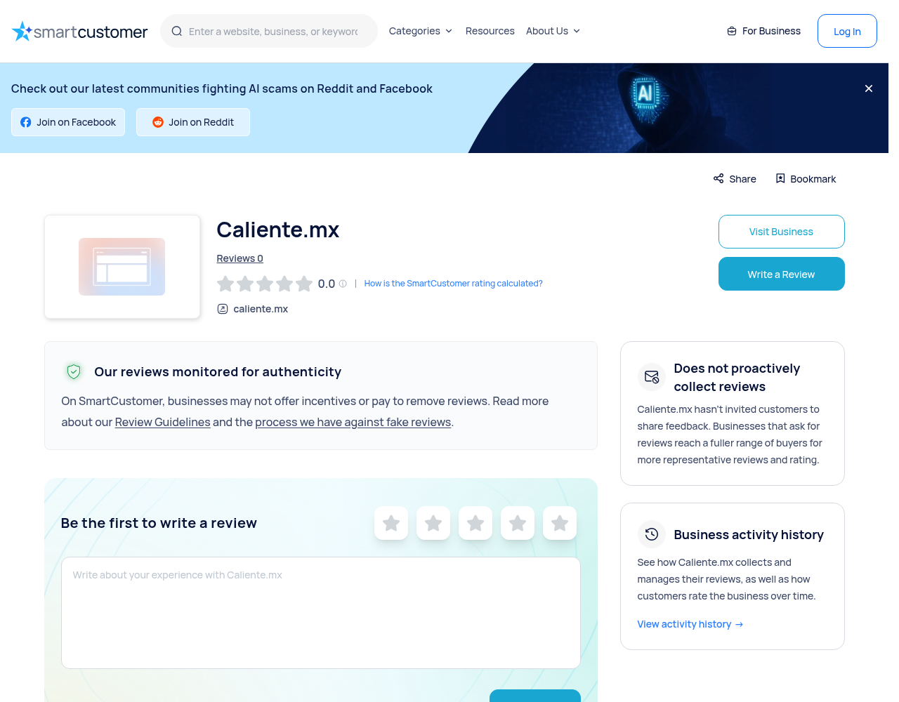 Captura suministrada de un perfil de reseñas de usuarios asociado con caliente.mx