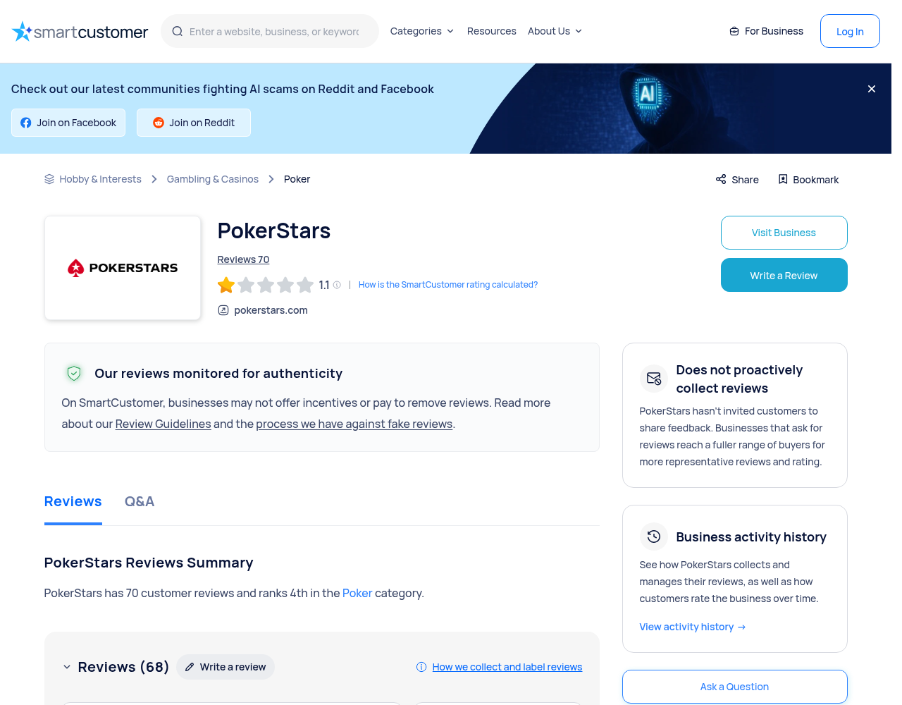 Captura de un perfil de reseñas de usuarios asociado con pokerstars.com