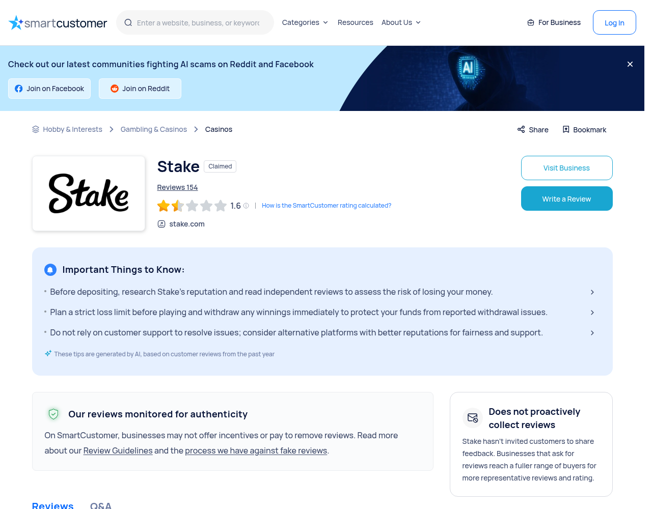 Captura suministrada de un perfil de reseñas asociado con stake.com